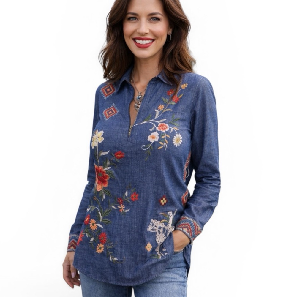 Johnny Was Zip Up Helena Tunic Top In Denim Blu NWT